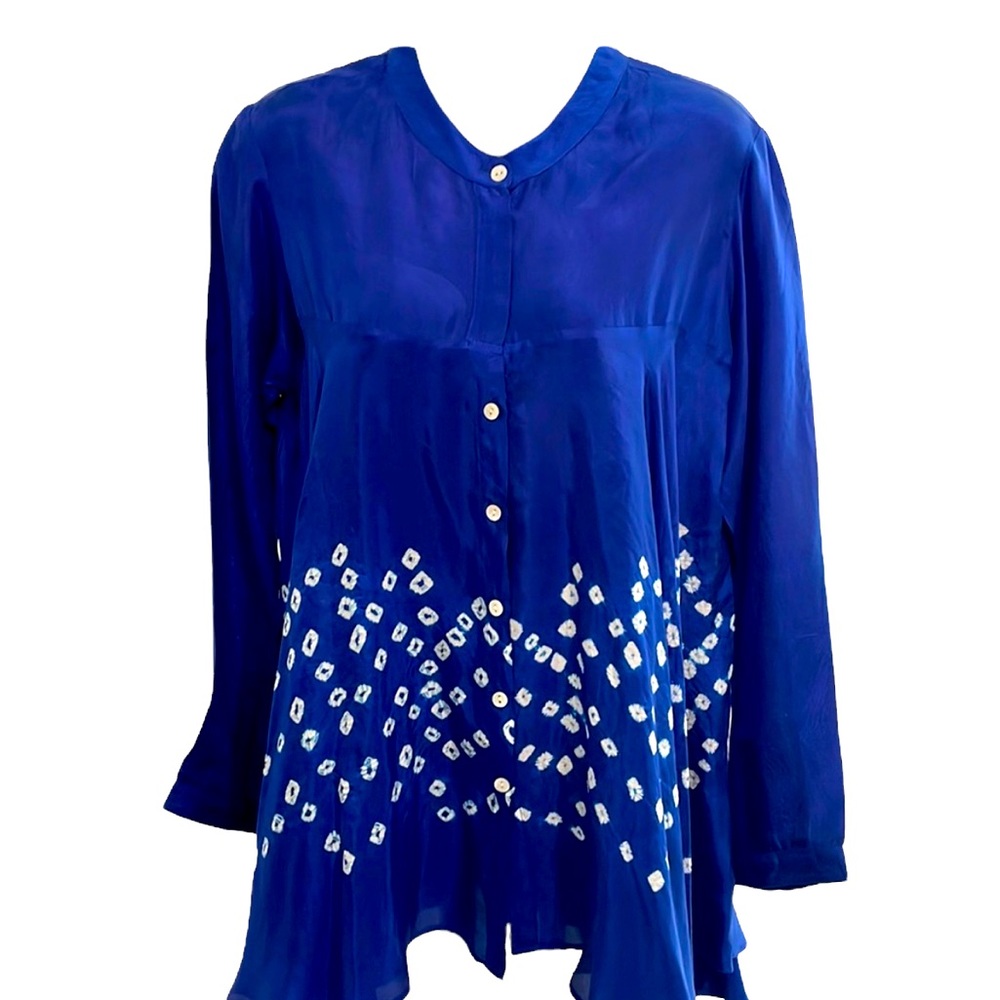ROLLER RABBIT tie dye silk blouse, blue & white, Small, NWT